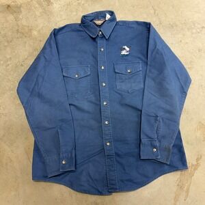 Winter Run Embroidered Ducks Long Sleeve Button Up Shirt Blue Cotton Men XL